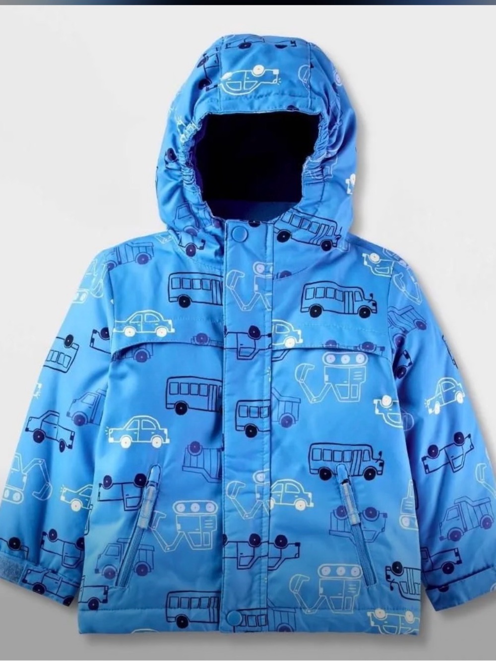 Cat & Jack Blue Hooded Puffer Jacket with Vehicle Print